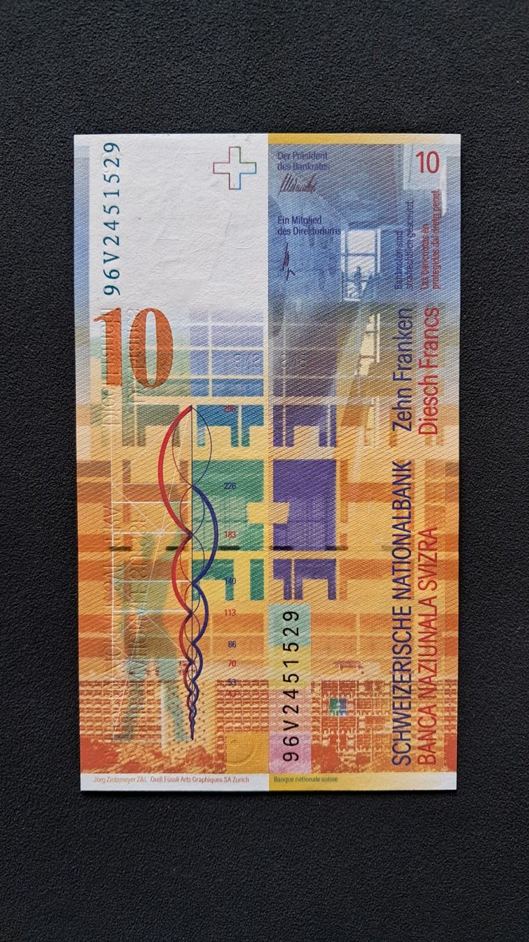 Banconote: Schweiz 10 Franken 1996 Bankfrisch – Nuovo e nell'imballaggio originale da Lufingen venduto da E-Auktion 1