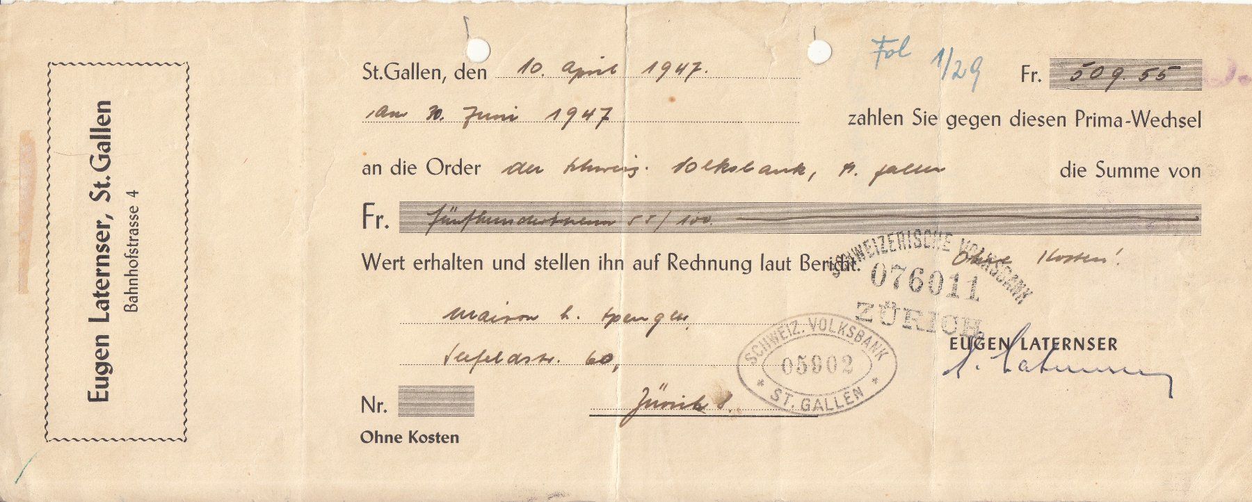Tous les timbres: Wechsel E. Laternser St. Gallen 1947 mit Wechsel-Marke 30c – D'occasion à Bürglen TG par StampGraf