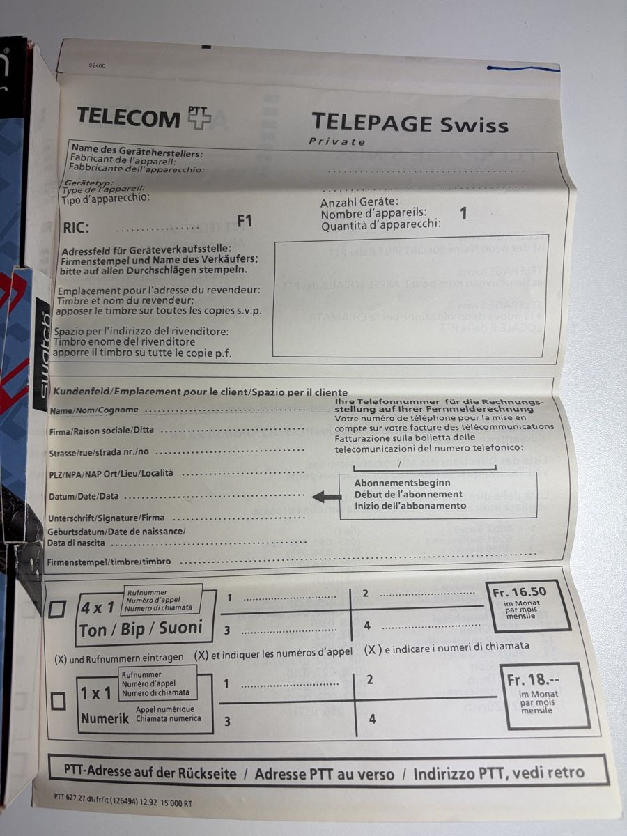 Swatch Orologi: SWATCH PAGER Numeric - Neuf en boîte avec documents PTT – Nuovo e nell'imballaggio originale da Coppet venduto da ACBL 2