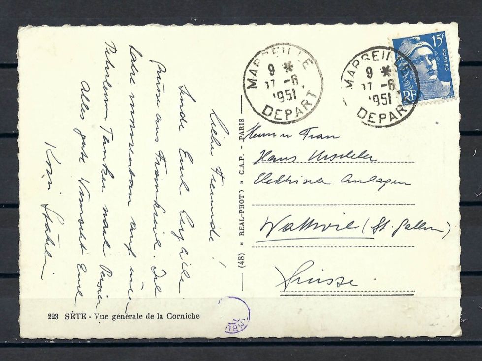 Ansichtskarten: Postkarte Sète - Dorfansicht - 1951 – Gebraucht aus Bronschhofen von Imsr 1