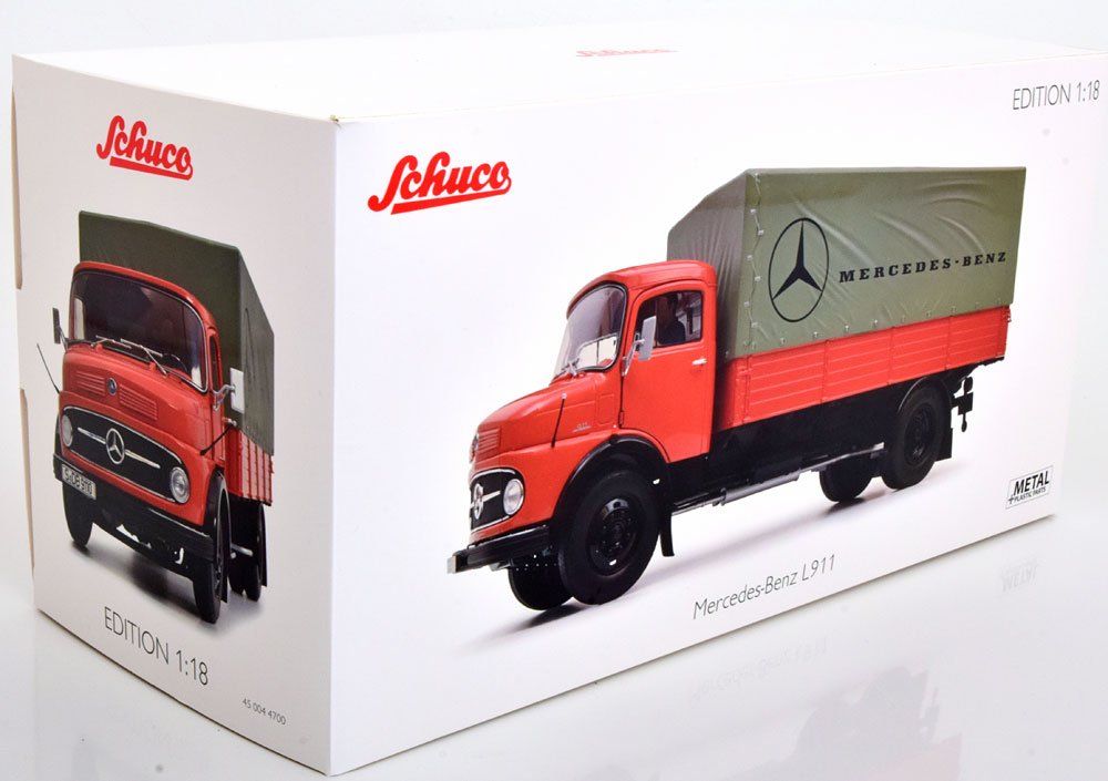 MERCEDES L911 PRITSCHE MIT PLANE ORANGE M.FIGUR 1:18 SCHUCO (Neu und ...