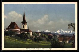 AK Münsingen, Teilansicht mit Kirche, Jungfrau, Mönch und Ei