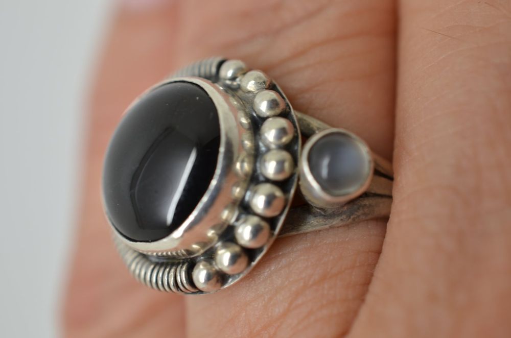 Bague Argent Avec Pierre Onyx Noir - Taille 56 - Bijou Vintage Occasion