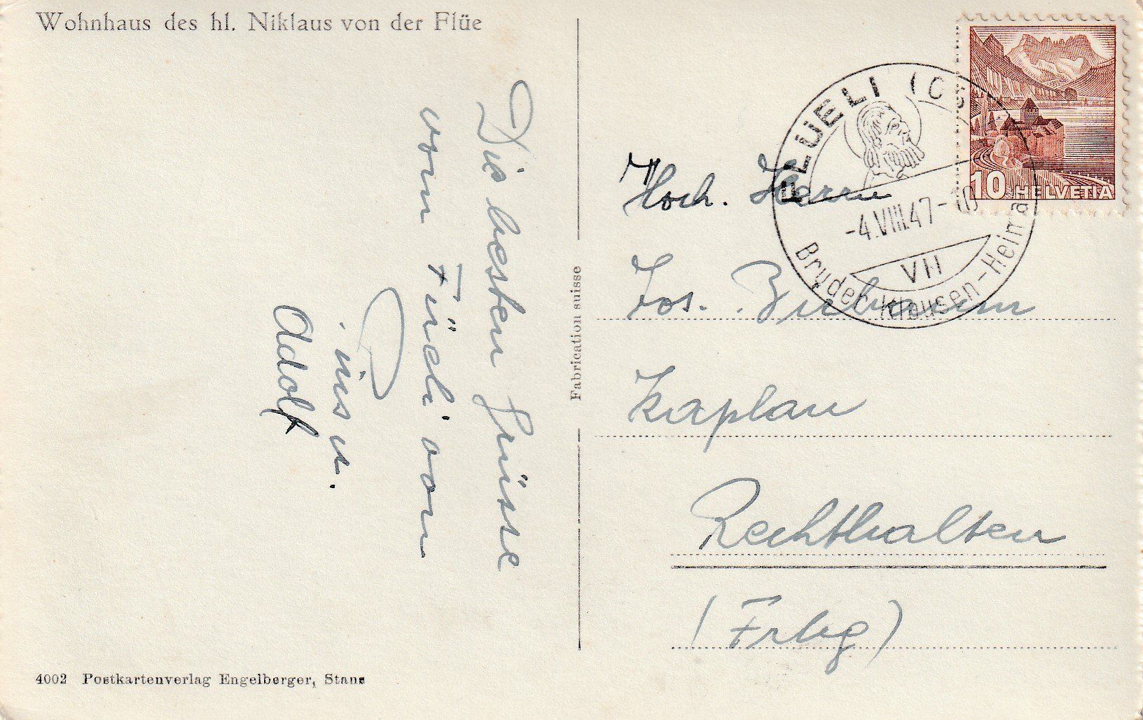 Cartoline postali: AK Flüeli gel. 4.8.1947 – Usato da Fribourg venduto da schnalla92 1