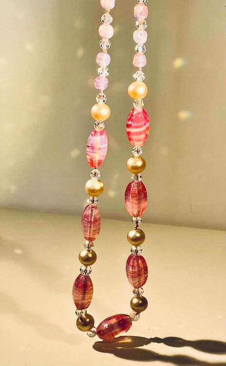 Collier Vintage Perles De Verre Rouge Et Doré Avec Cristal – Occasion Bon état