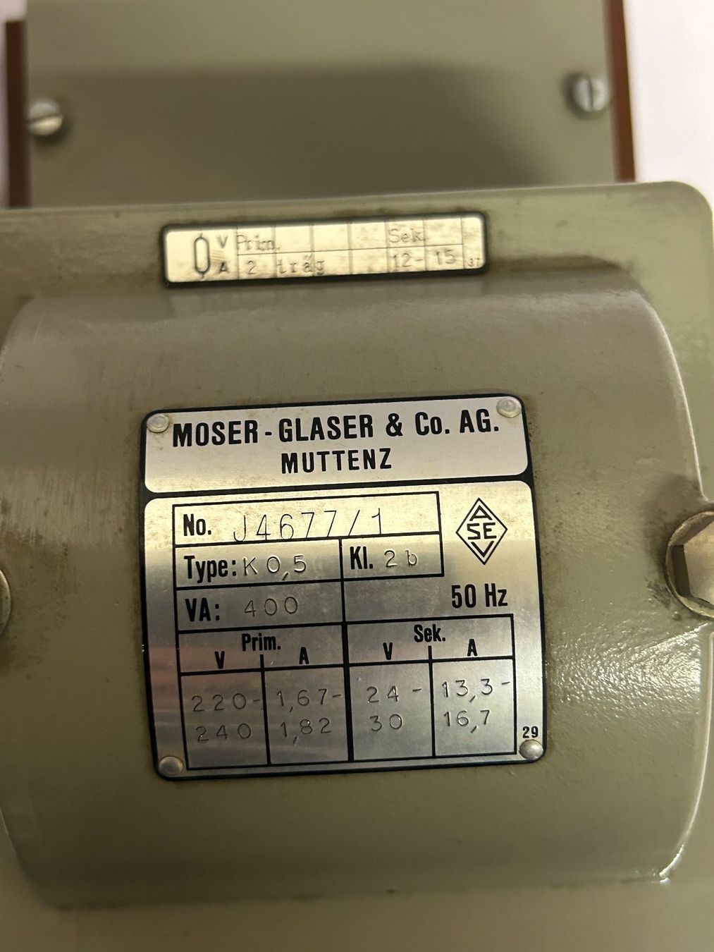 Componenti elettronici: MOSER-GLASER Transformator K0,5 Kl.2b - Top Zustand! – Usato da Etzelkofen venduto da Botti50 1