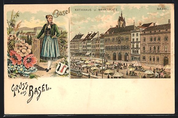 Cartoline postali: Litho Basel, Rathaus und Marktplatz, Tra – Usato da Berlin venduto da bartko-reher