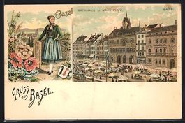 Litho Basel, Rathaus und Marktplatz, Tra
