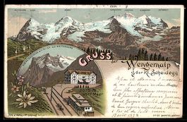 Lithographie Wengernalp, Bergpanorama mit Mönch, Jungfrau, K