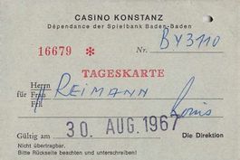 Eintrittskarte CASINO KONSTANZ AUG.1967
