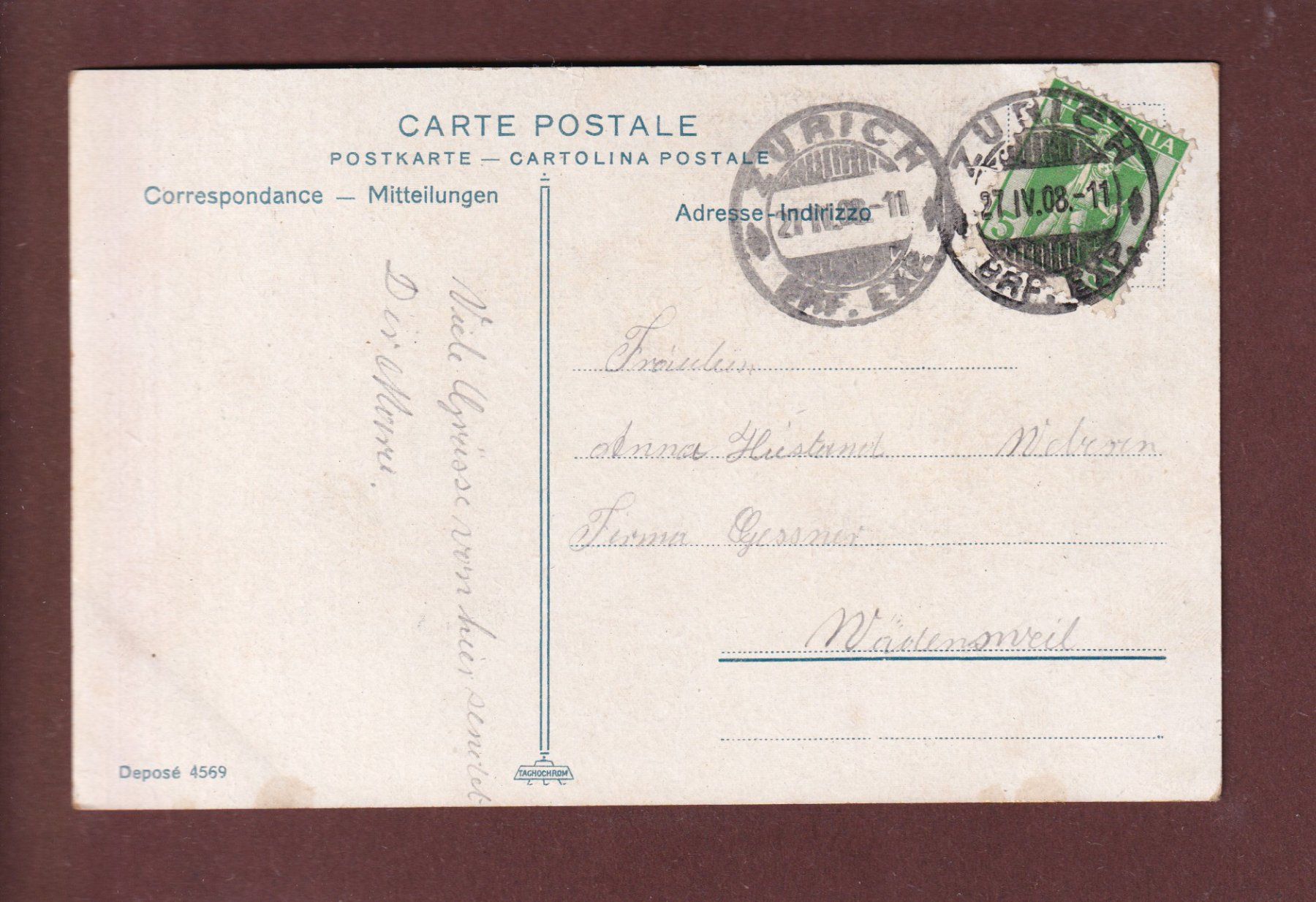 Cartoline postali: ZÜRICH von der Quaibrücke - 1908 – Usato da Pully venduto da nicecards 1