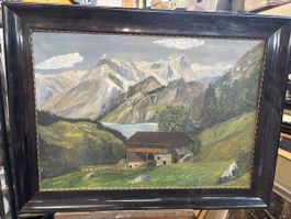 Gemälde Alpenlandschaft mit Bauernhaus und See gerahmt