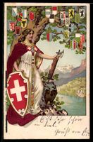 Lithographie Schweiz, Helvetia mit Fasces und Wappenschild, 