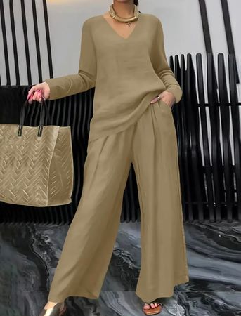 edler/stylischer Hosen-2-Teiler, Leinen, beige, L