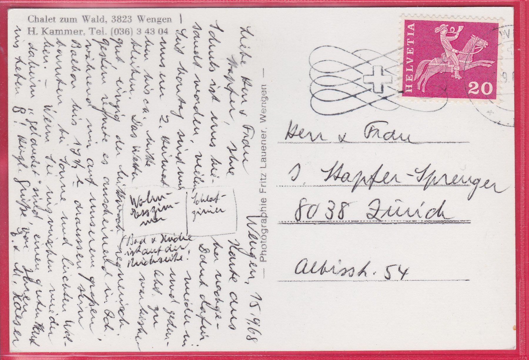 Cartoline postali: WENGEN, CHALET ZUM WALD, 16.9.1968 – Usato da Oberrieden venduto da Gebirgsstelze 1