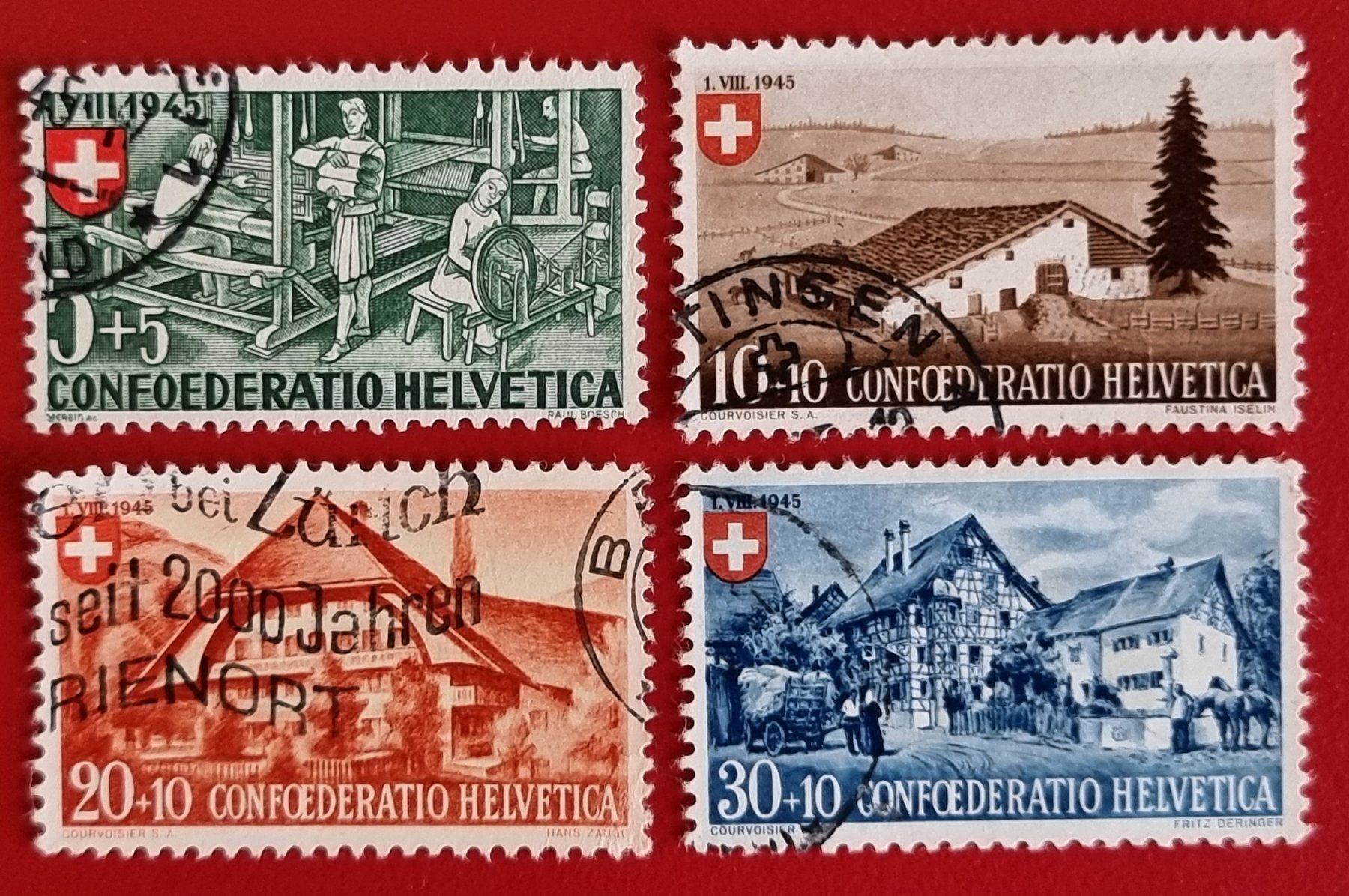 Tutti i francobolli: PRO PATRIA SATZ 26 - 29 1945 GESTEMPELT – Usato da Düdingen venduto da Quartierstrasse