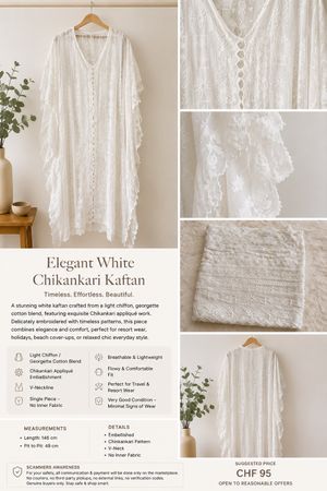 Elegant White Chikankari Lace Kaftan | Embellished Boho