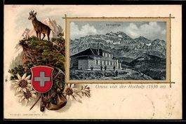 Lithographie Urnäsch, Hochalp, Gasthaus und Säntisgebirge, P