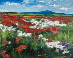 Blumenwiese Gemälde, Öl auf Leinwand, Sommerfarben