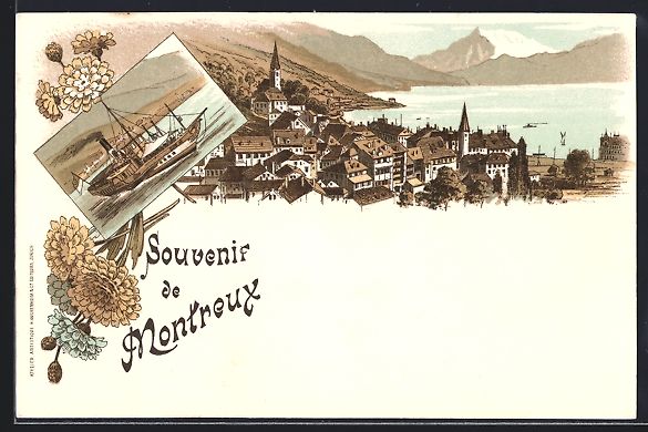 Cartoline postali: Litho Montreux, Teilansicht mit Bergen,  – Usato da Berlin venduto da bartko-reher