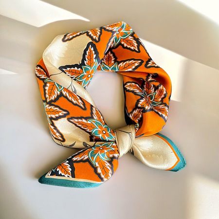 New 53cm 100% Silk Scarf, Orange Borage Star Flower Scarf
