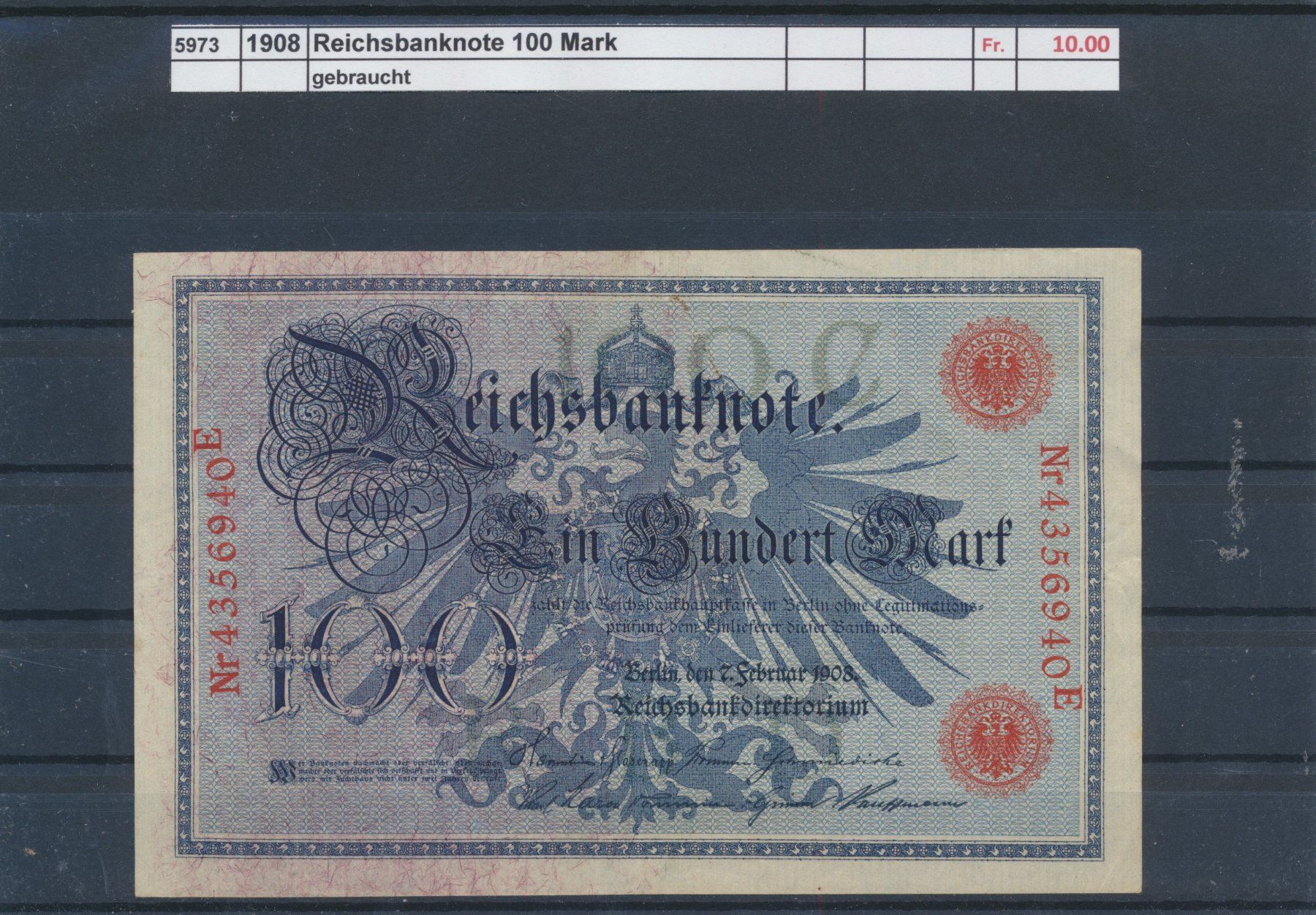 Banconote: 1908 DR, "Reichsbanknote - 100 Mark", gebraucht – Usato da Winterthur venduto da Zupogeru