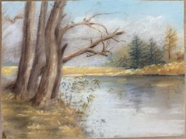 Vintage Pastell-Gemälde «Flusslandschaft / Uferpartie»