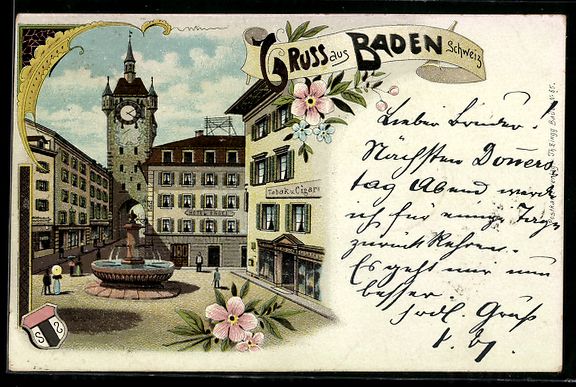 Ansichtskarten: Litho Baden /Aargau, Marktplatz mit Brun – Gebraucht aus Berlin von bartko-reher