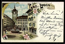 Litho Baden /Aargau, Marktplatz mit Brun