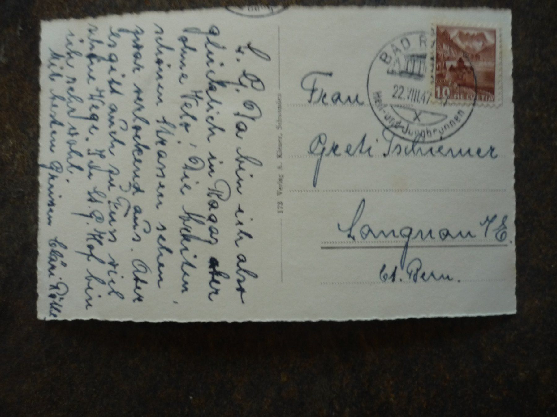 Ansichtskarten: Ansichtskarte Bad Ragaz mit Berge und Fluss, 1947 – Gebraucht aus Langnau i. E. von Laendu7000 1