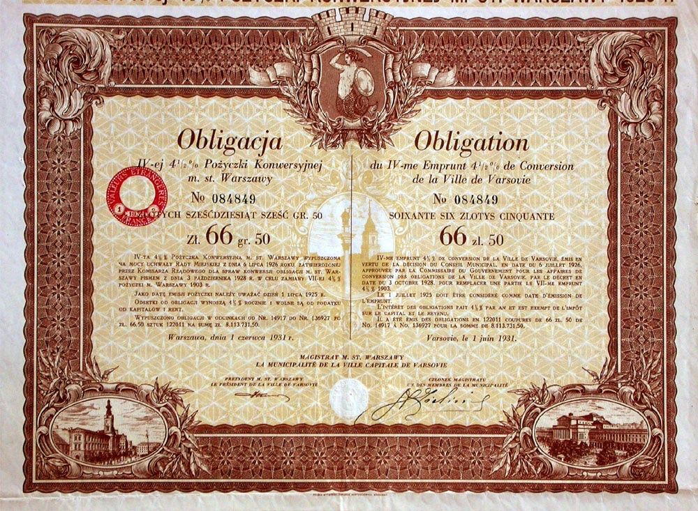 Documenti: 4,5% Stadt Warschau - 1931 – Usato da Solothurn venduto da Sgasche