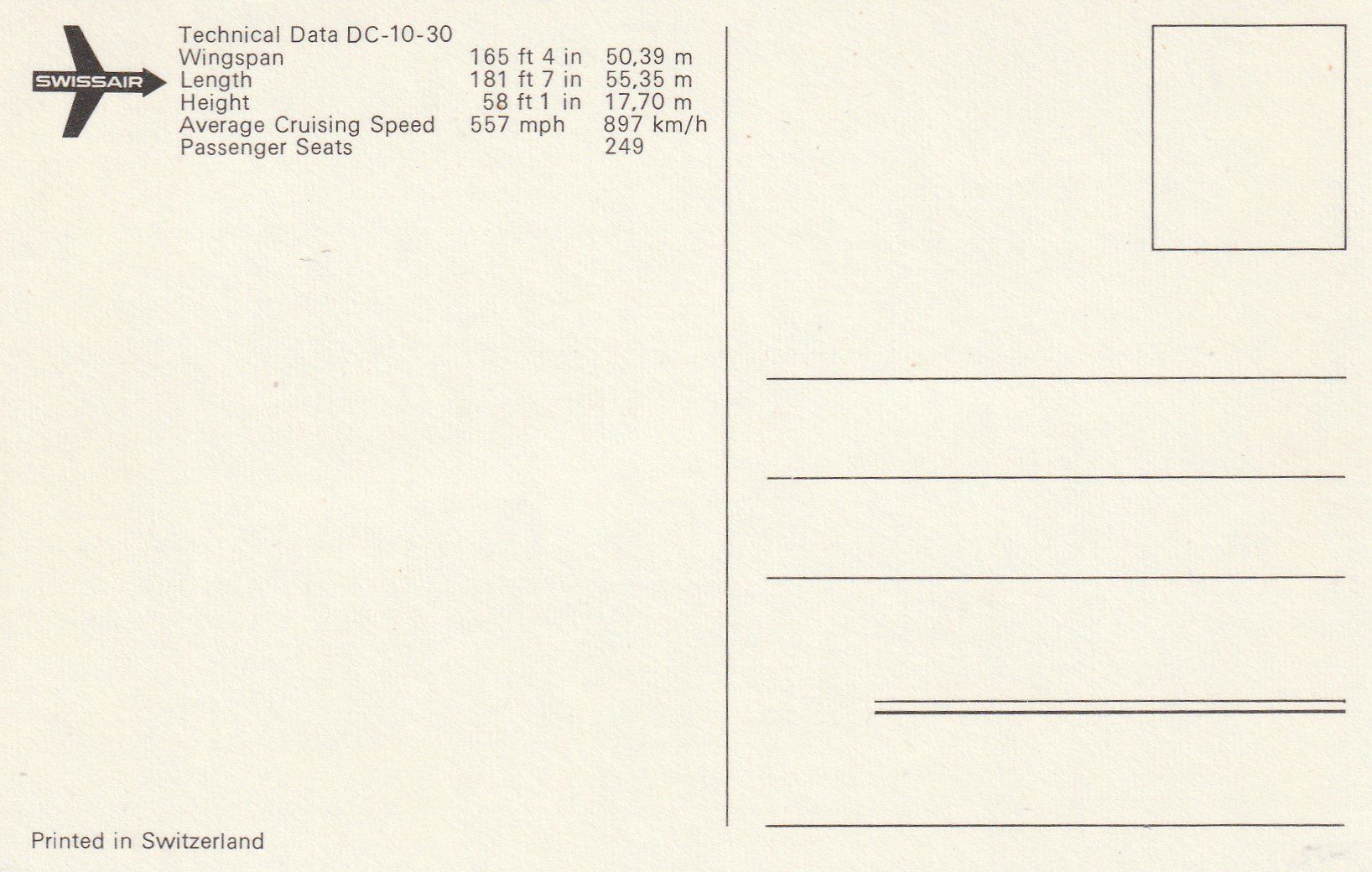 Ansichtskarten: Zürich - Technical Data DC-10-30 - swissair – Gebraucht aus uttwil von Koehlerfred 1