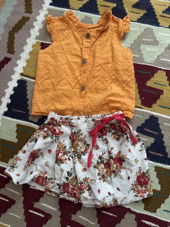 Cute Summer Set: Orange Top & Floral Skirt (Size 74-80)