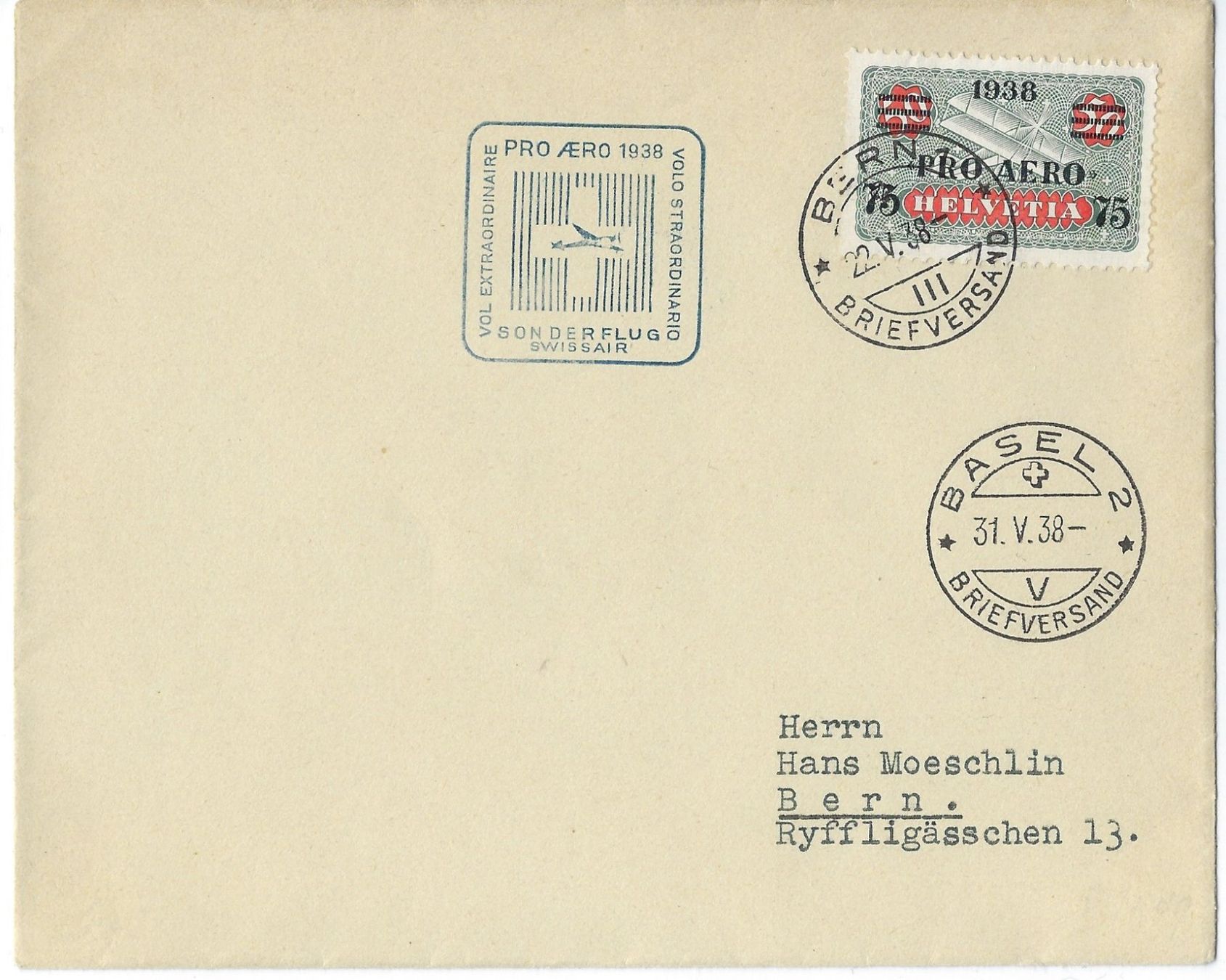 Alle Briefmarken: 1938 SF 38.2d Pro Aero Postflug ab Bern 31.V.38 – Gebraucht aus Morgarten von mech58