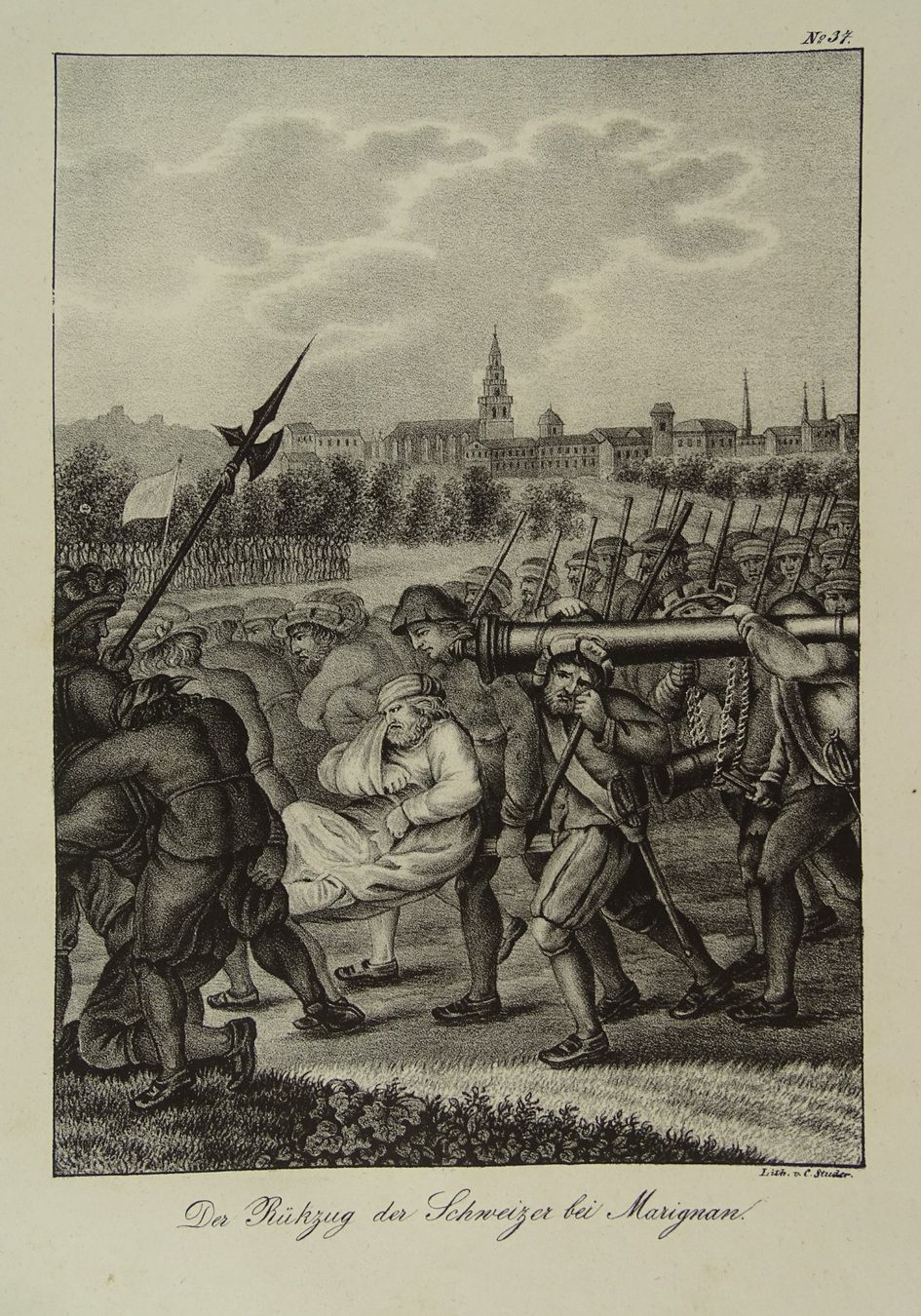 Incisioni: SCHWEIZER BEI MARIGNANO, MILITÄR, LITHOGRAPHIE 1836 – Usato da Grüningen venduto da Kartensammler