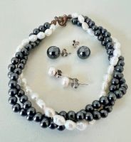 Schmuckset Echtperlen Hämatit 925 Silber Ohrstecker& Armband