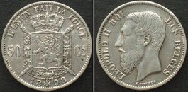 BELGIEN 50 Centimes 1898 franz. LEOPOLD II Silber SELTEN vz+