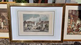 Alte Ansicht Stadtbild mit Brücke gerahmt 49x36cm