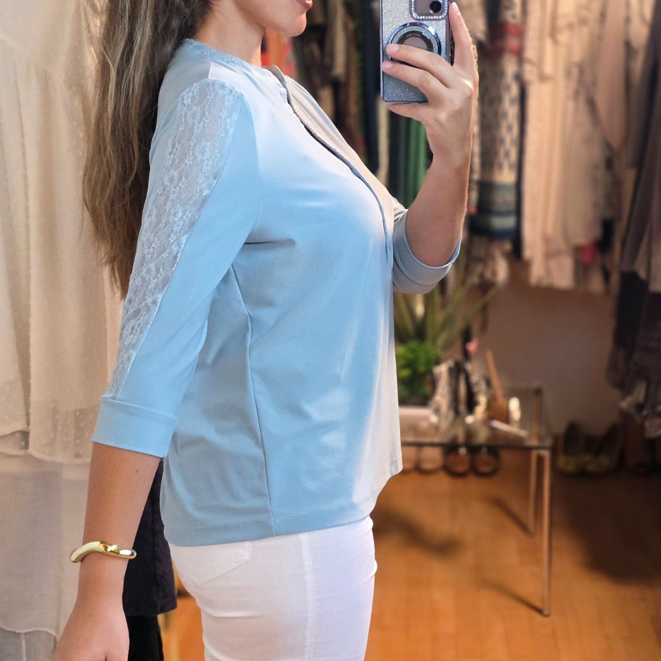 Camicette: Pfeffinger Damen Bluse Gr. M/ L Hellblau Spitze Elegant – Usato da Wald ZH venduto da CapLux 2