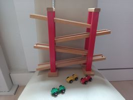 Holz Renn/Rutschbahn mit 3 Autos, Top Zustand!