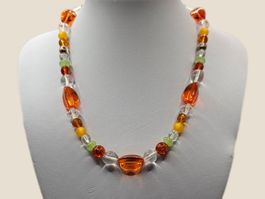 Damenhalskette Perlen Bunt Orange Grün und Crystal Klar