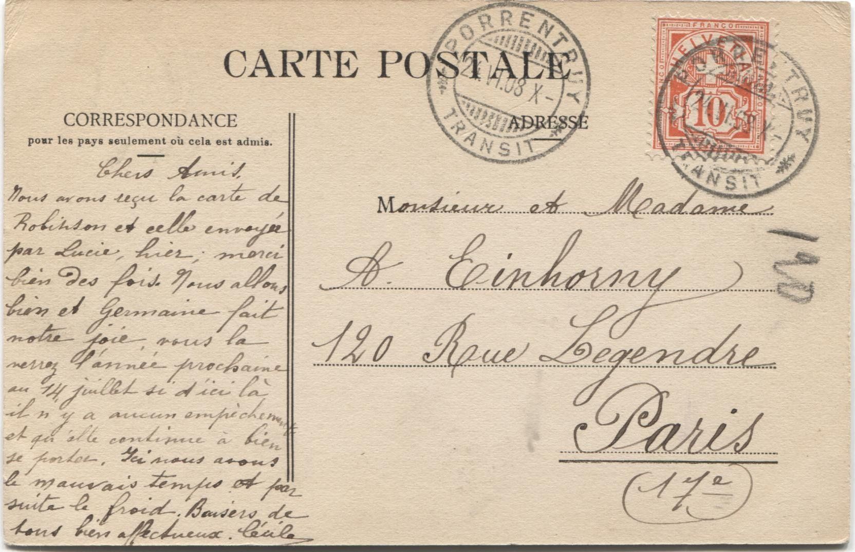 Cartoline postali: PORRENTRUY JU 1908 Post-Fourgon – Usato da Rothrist venduto da Clanx 2