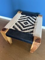 Tabouret bois massif tressé noir blanc 50x40 cm état neuf