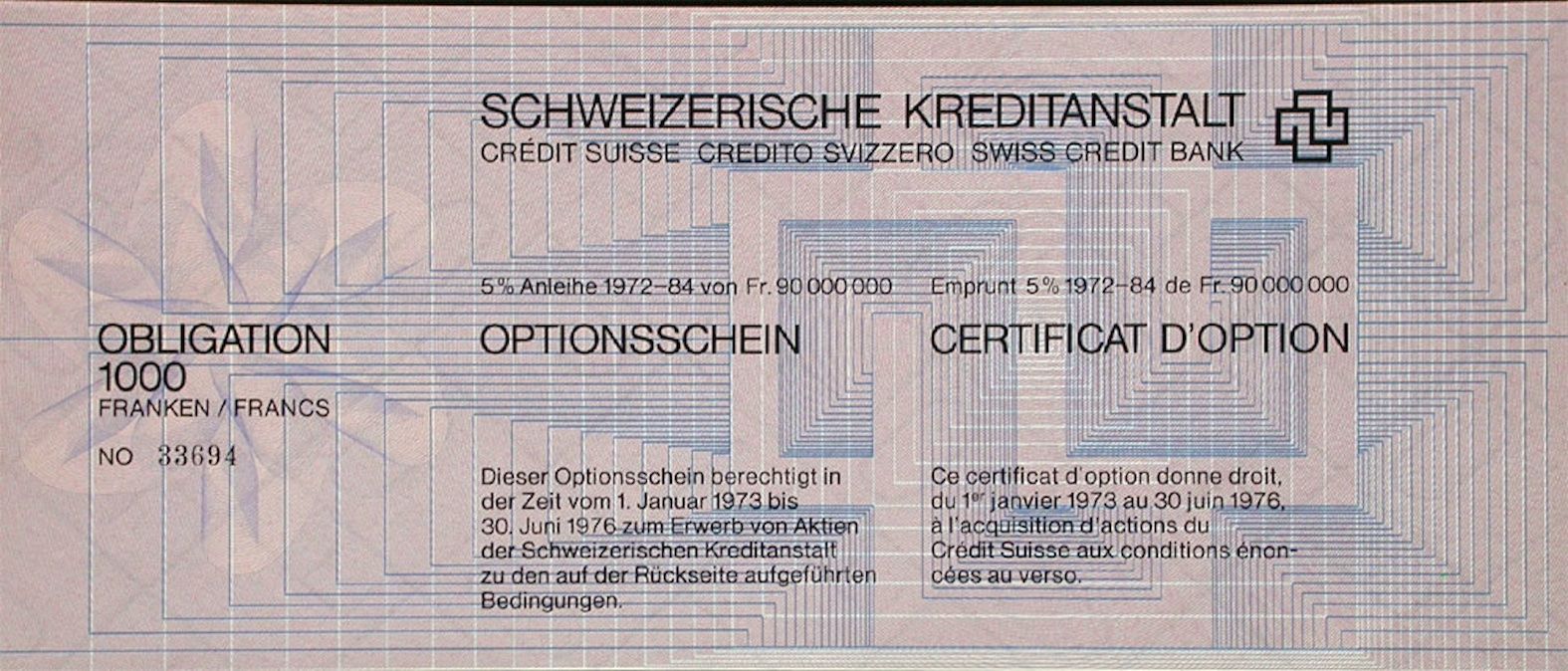 Documenti: Schweizerische Kreditanstalt SKA - 1972 – Usato da Solothurn venduto da Sgasche