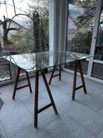 Glas Esstisch mit Holzgestell, Vintage Look, Top Zustand