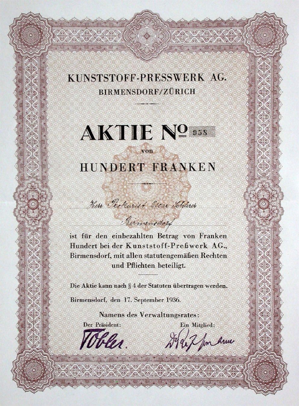Dokumente: Kunststoff-Presswerk AG Birmensdorf - 1936 – Gebraucht aus Solothurn von Sgasche
