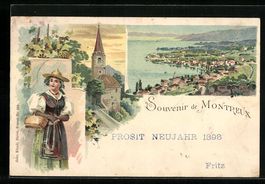 Litho Montreux, Ortsansicht, Kirche, Tra