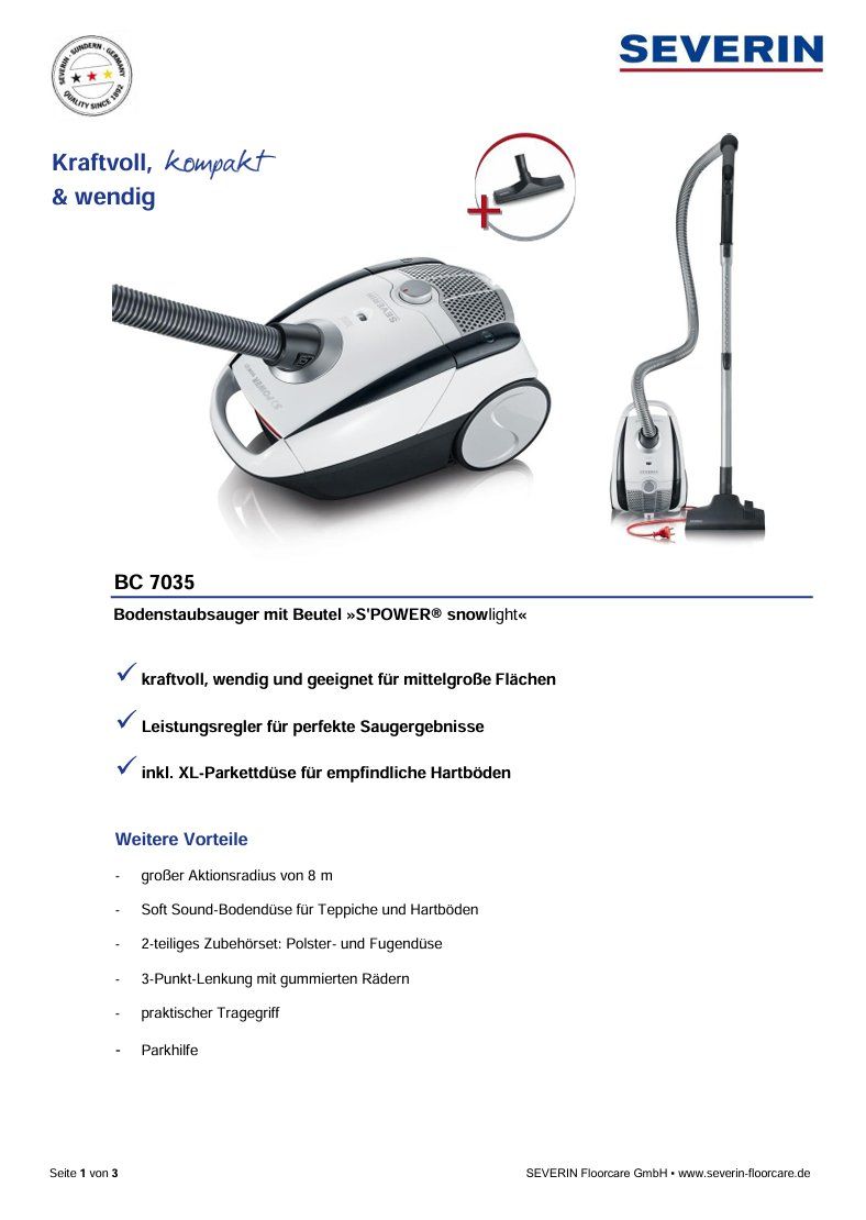 Aspirapolveri & Accessori: Bodenstaubsauger mit Beutel BC7035 – Nuovo (secondo la descrizione) da Wängi venduto da SPCSHOP 7
