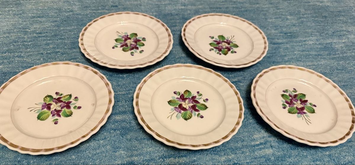 Set di piatti: 5 antike Dessertteller, handbemalt, Veilchen – Usato da Neerach venduto da Summerrike