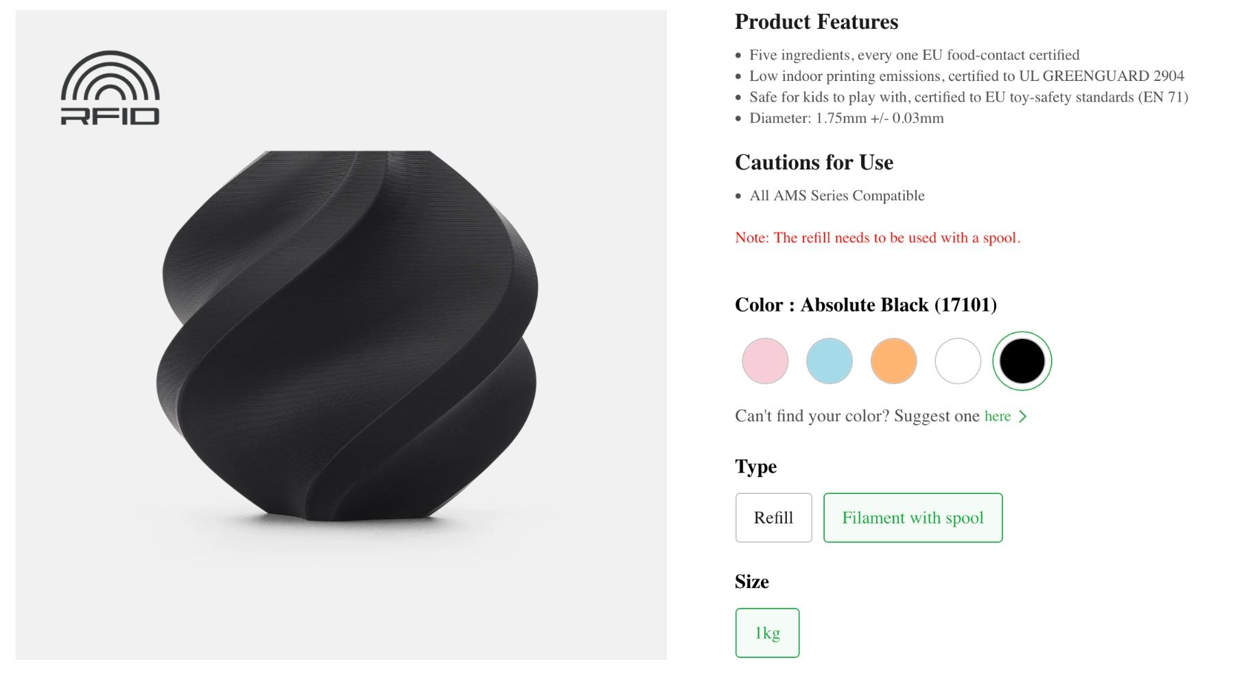 Filamento: Bambu Lab PLA Pure Absolute Black (17101) / with spool – Nuovo e nell'imballaggio originale da Aven venduto da psdigital 1